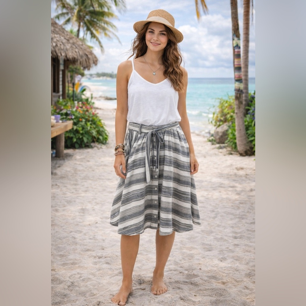 Flint & Moss Gray White Stripe Midi Skirt Button Front Tie Waist Boho Small